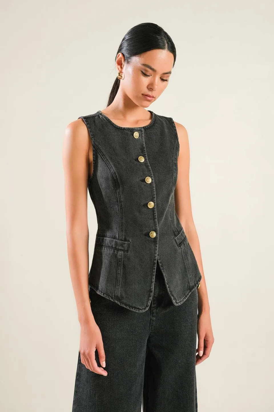 Flying Tomato Washed Denim Black Vest