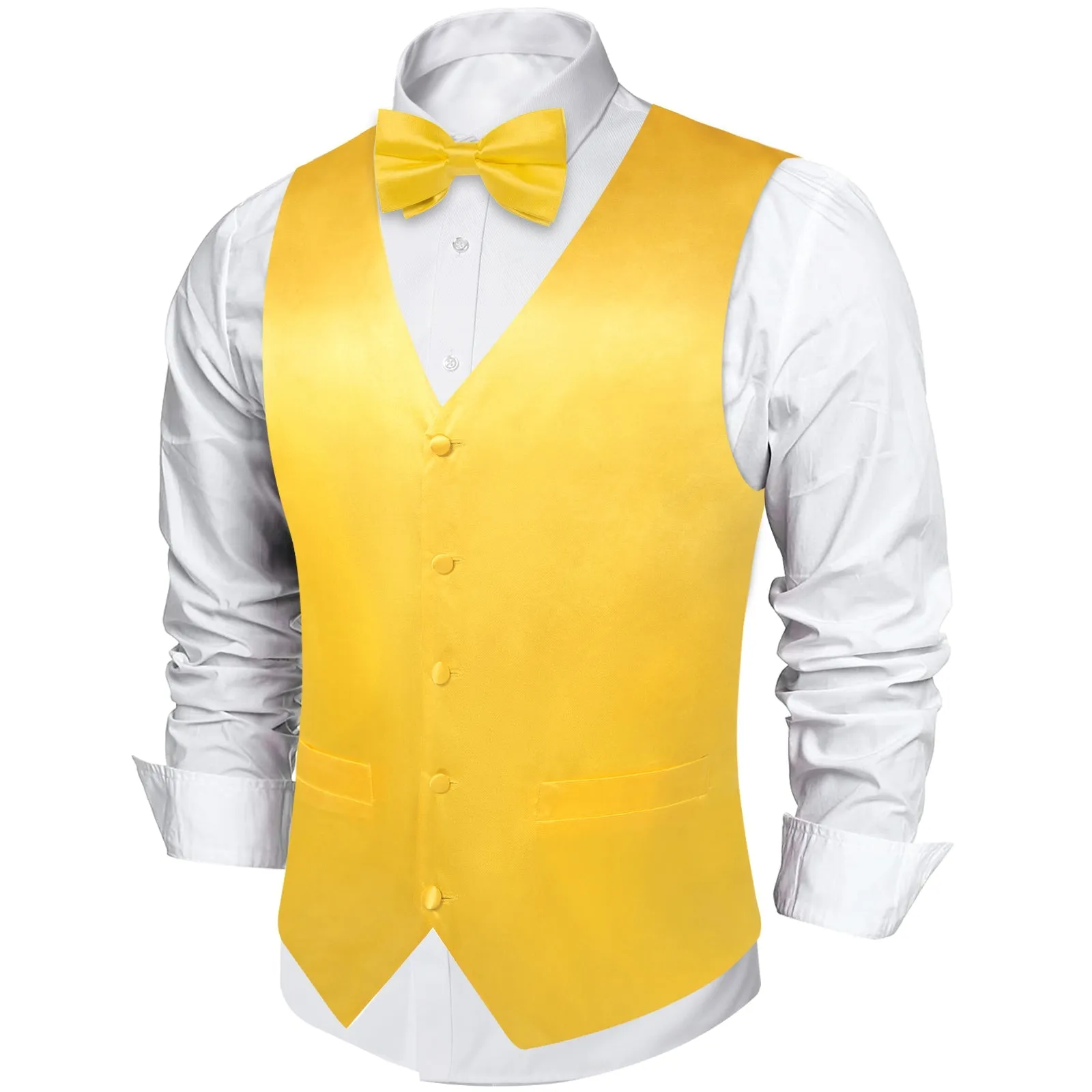 Gloss Butter Solid Silk Men's Vest Hanky Cufflinks Bow Tie Set