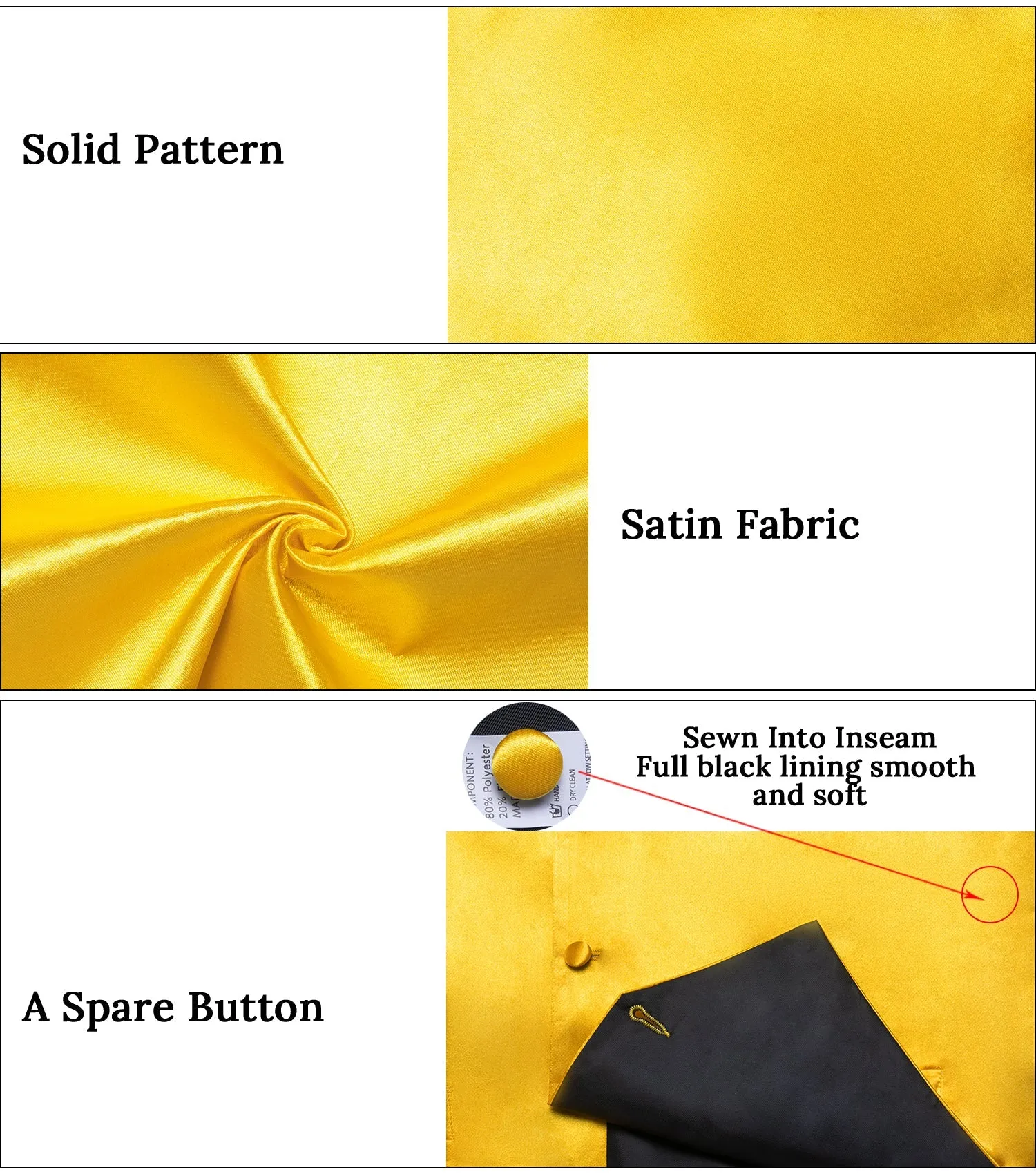 Gloss Butter Solid Silk Men's Vest Hanky Cufflinks Bow Tie Set