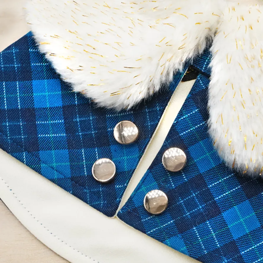 Gold Glitter White Faux Fur Collar in Blue Tartan Trench Coat