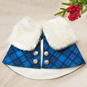 Gold Glitter White Faux Fur Collar in Blue Tartan Trench Coat