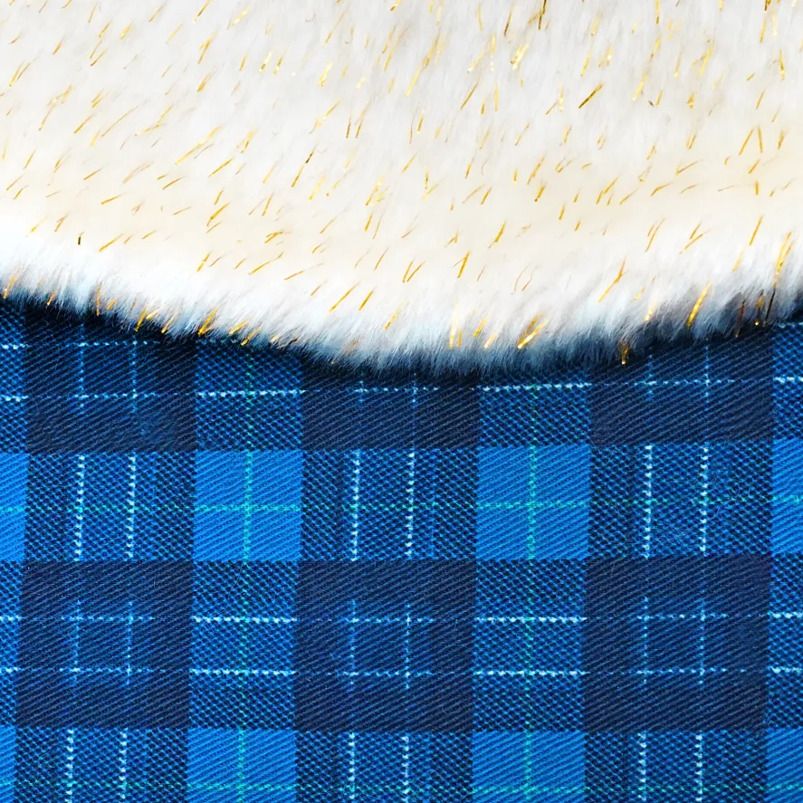 Gold Glitter White Faux Fur Collar in Blue Tartan Trench Coat