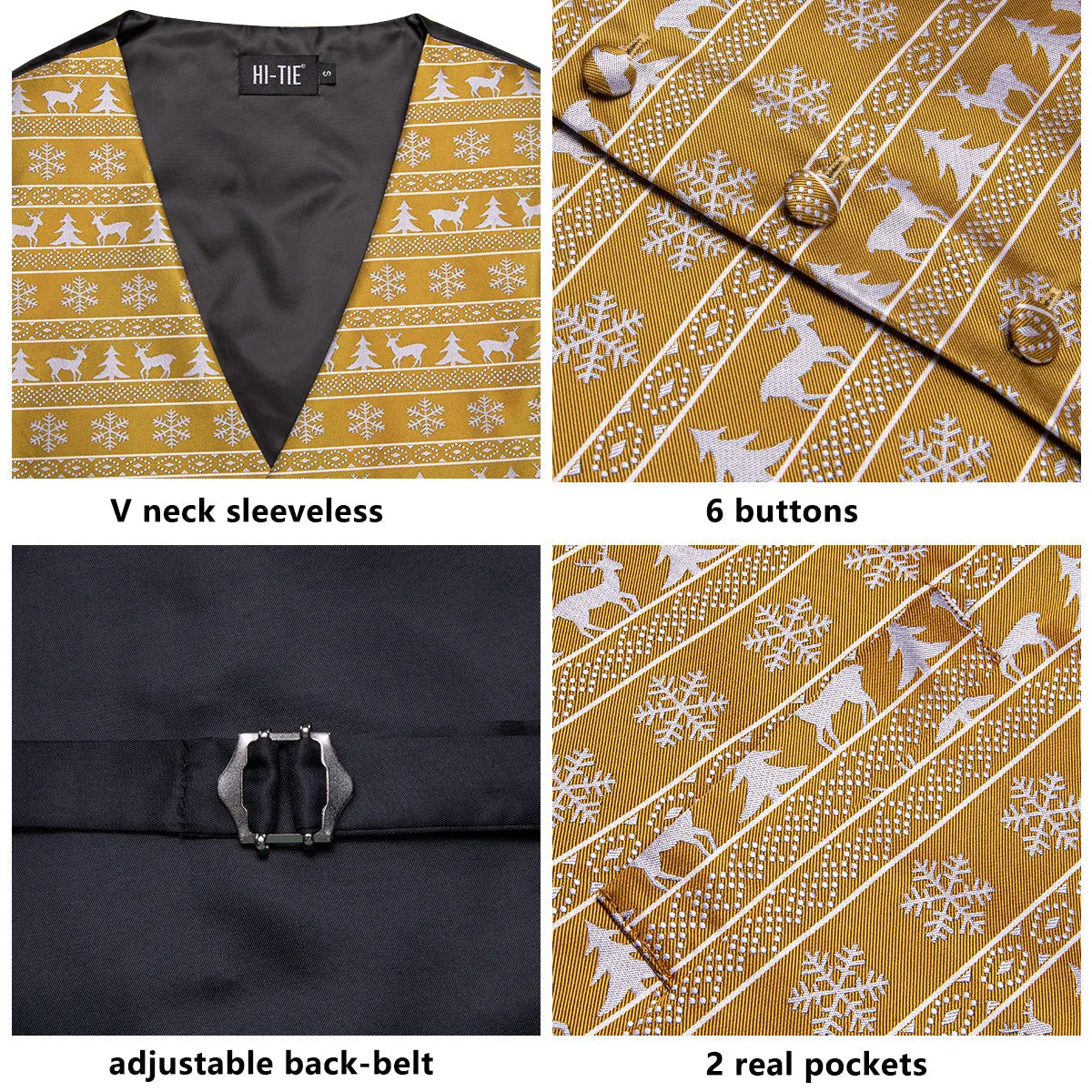 GoldEnrod White Christmas Deer Novelty Jacquard Silk Men's Vest Hanky Cufflinks Tie Set