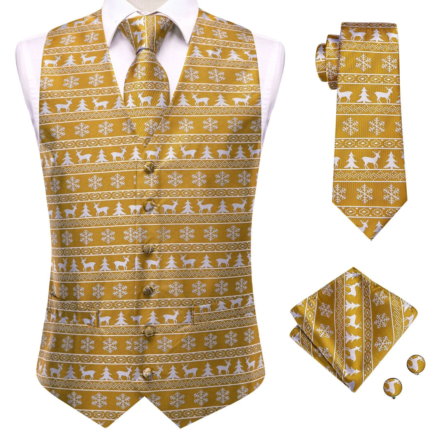 GoldEnrod White Christmas Deer Novelty Jacquard Silk Men's Vest Hanky Cufflinks Tie Set