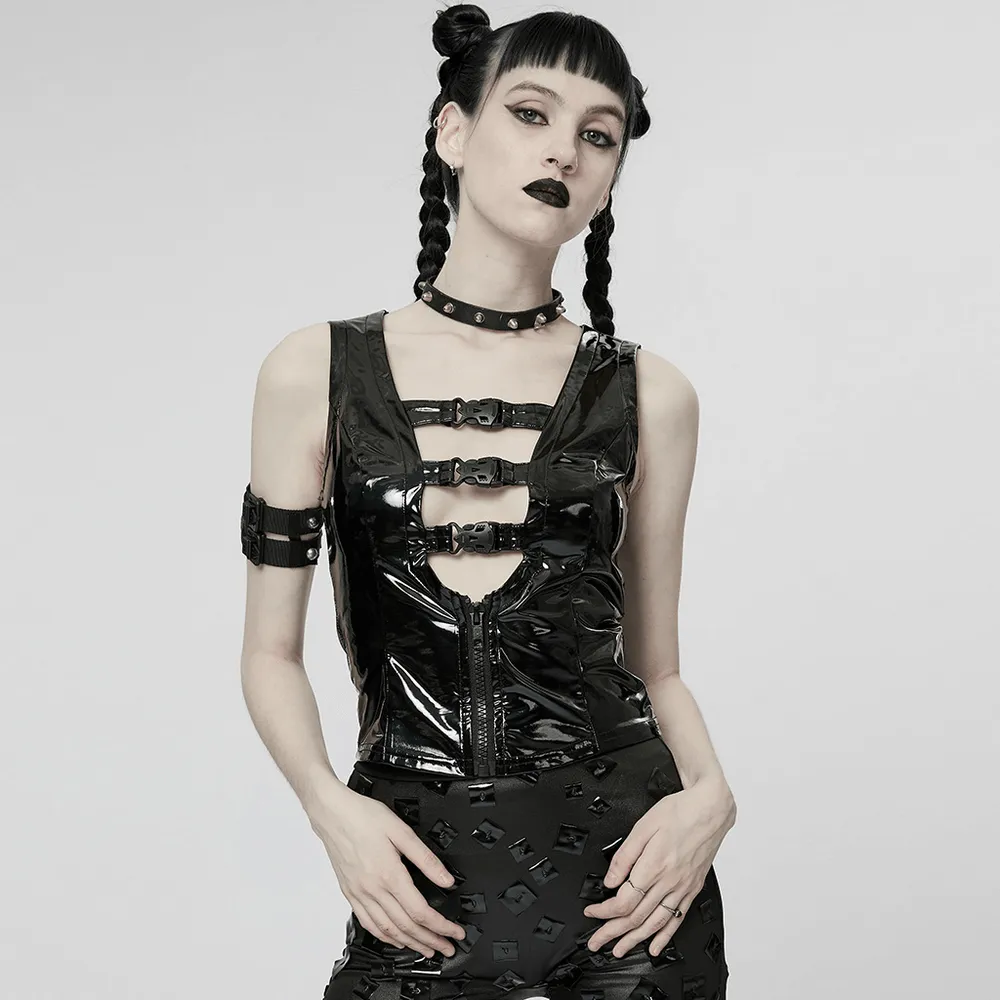 Gothic Buckle Patent Leather Slim Vest