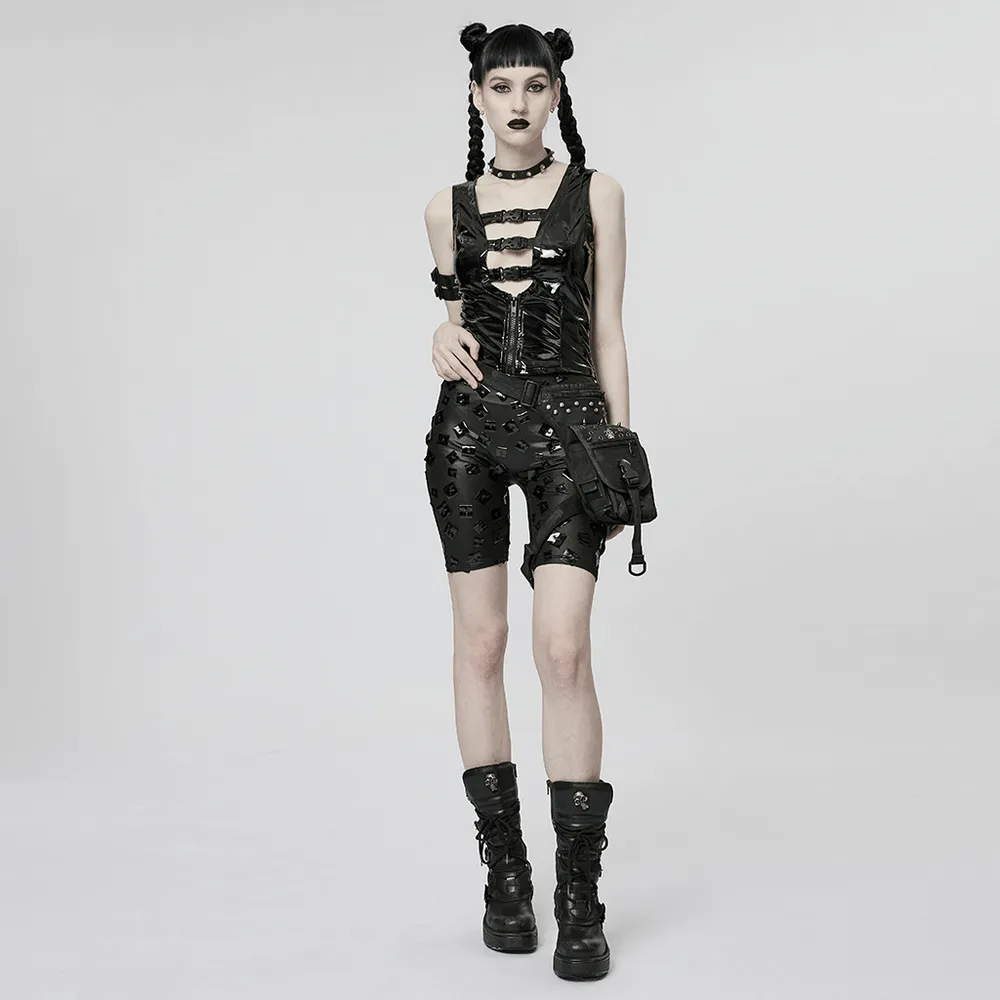 Gothic Buckle Patent Leather Slim Vest