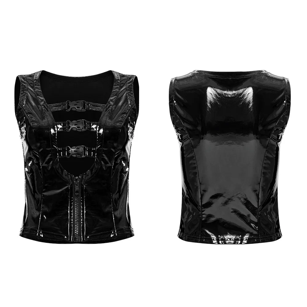 Gothic Buckle Patent Leather Slim Vest