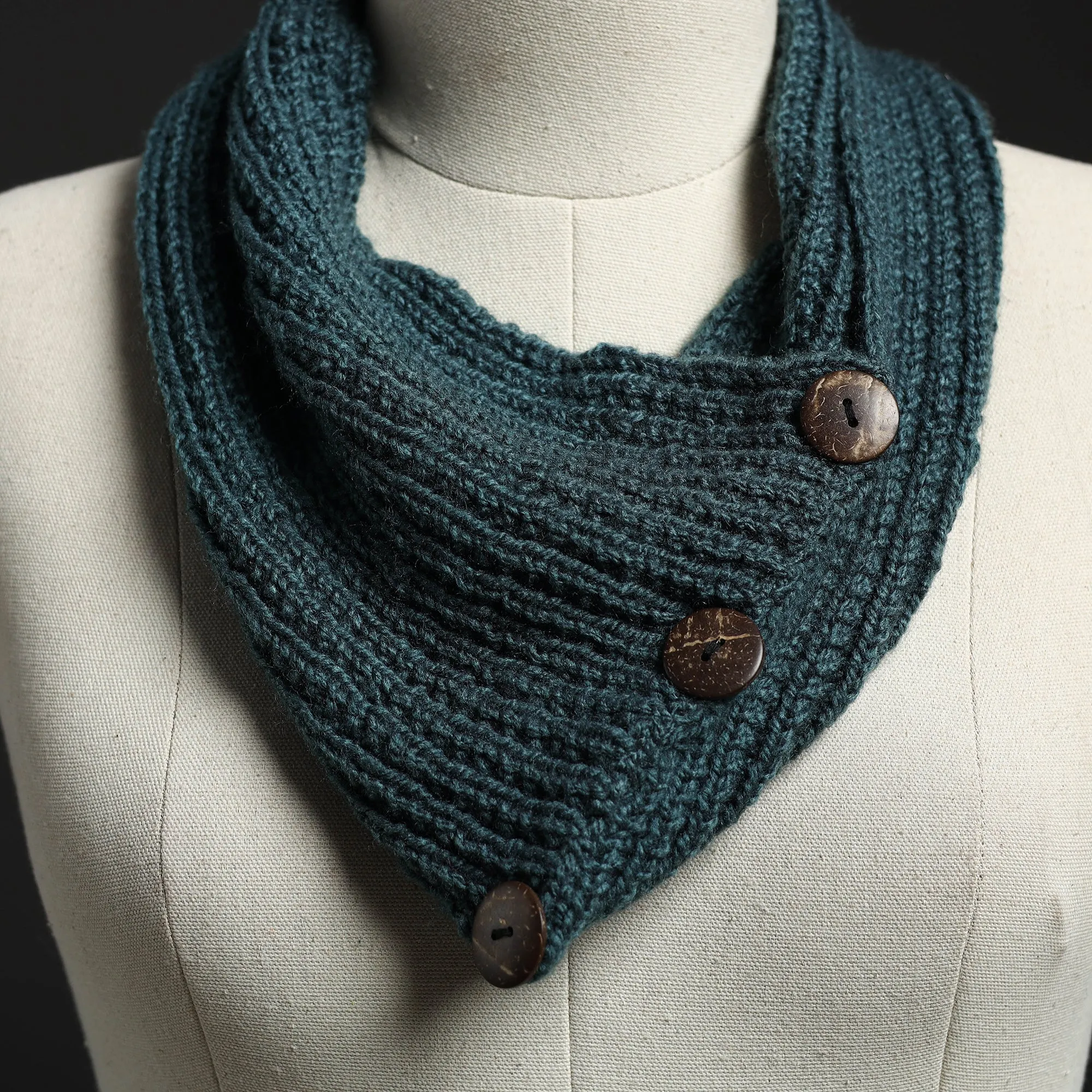 Green - Kumaun Hand Knitted Woolen Button Cowl 117