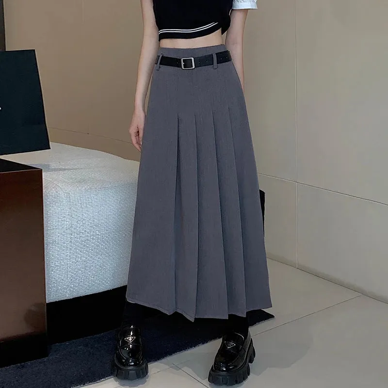 Grey Ruffles Casual Female Suit Skirts High Waist A-line Slim Straight Solid Color Simple Office Lady Summer Loose Skirt