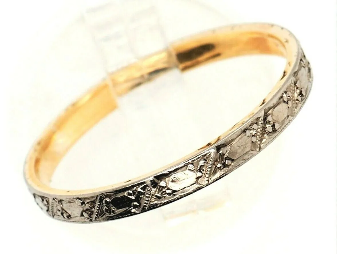 Handmade Engraved 18ct Yellow & White Gold Ring Fine Wedding Jewellery Size P