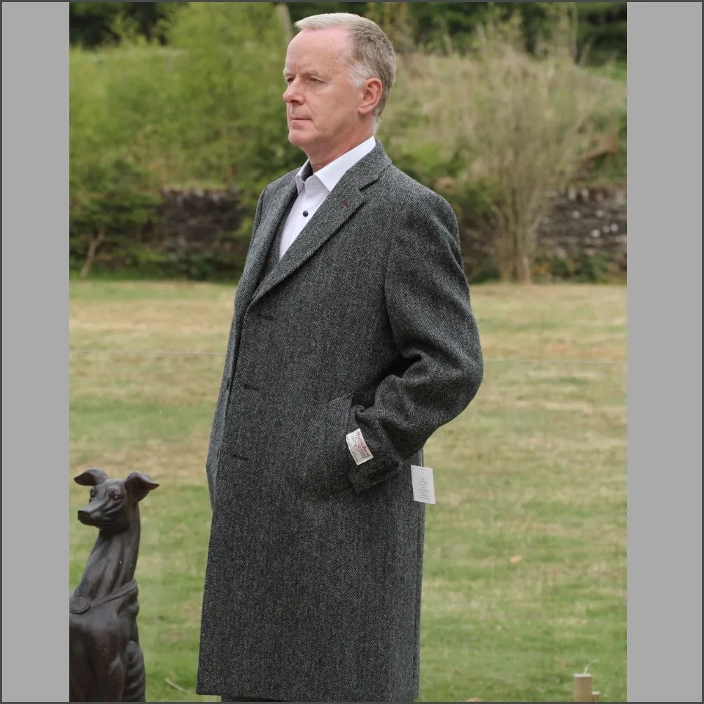 Harris Tweed Dark Grey Herringbone Overcoat--