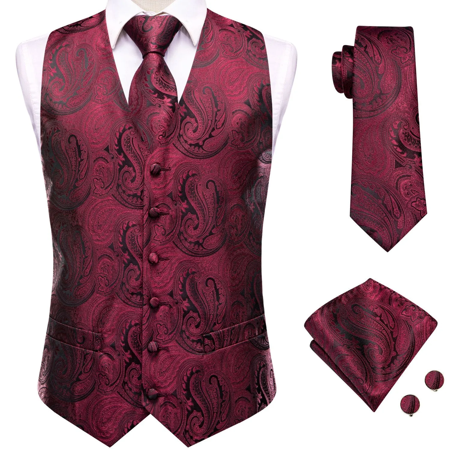 Jam Red Black Paisley Jacquard Silk Men's Vest Hanky Cufflinks Tie Set