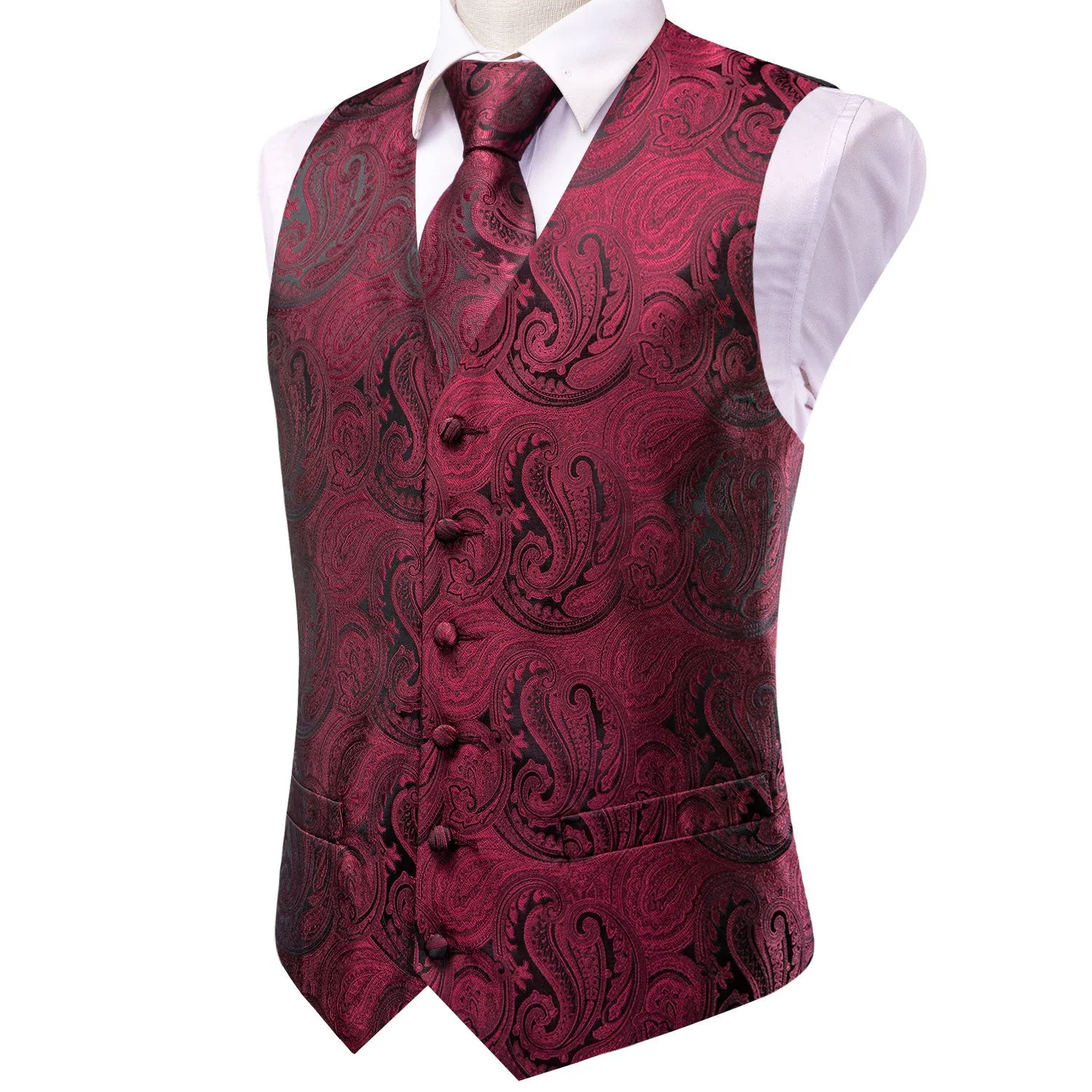 Jam Red Black Paisley Jacquard Silk Men's Vest Hanky Cufflinks Tie Set