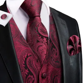 Jam Red Black Paisley Jacquard Silk Men's Vest Hanky Cufflinks Tie Set