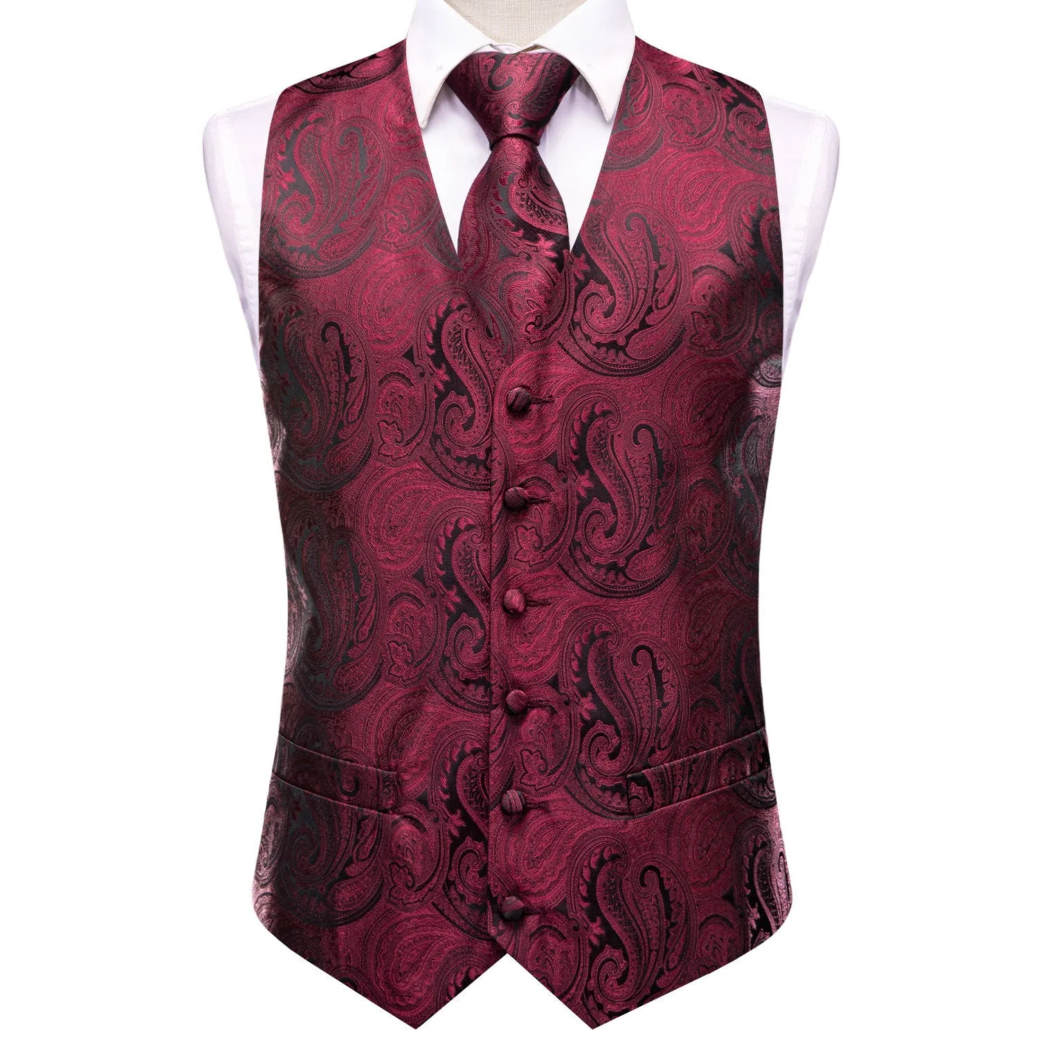 Jam Red Black Paisley Jacquard Silk Men's Vest Hanky Cufflinks Tie Set