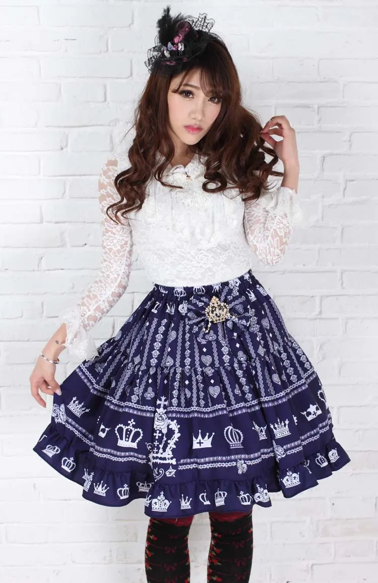 Lolita Sweet Princess Navy Blue Heart and Crown Printed Lady's Lolita Short Skirt for Girl