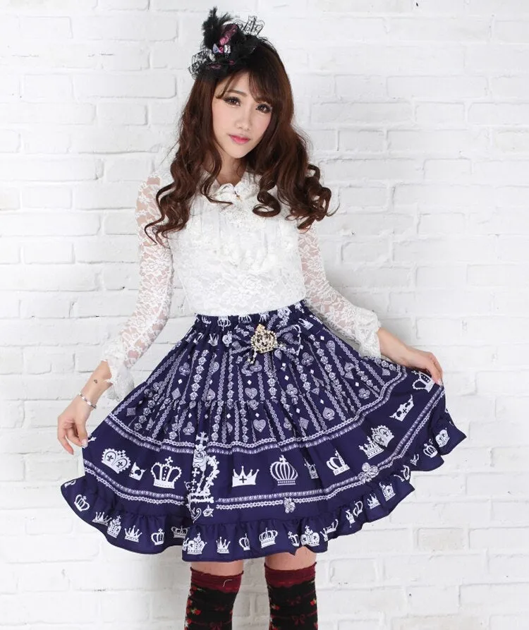 Lolita Sweet Princess Navy Blue Heart and Crown Printed Lady's Lolita Short Skirt for Girl