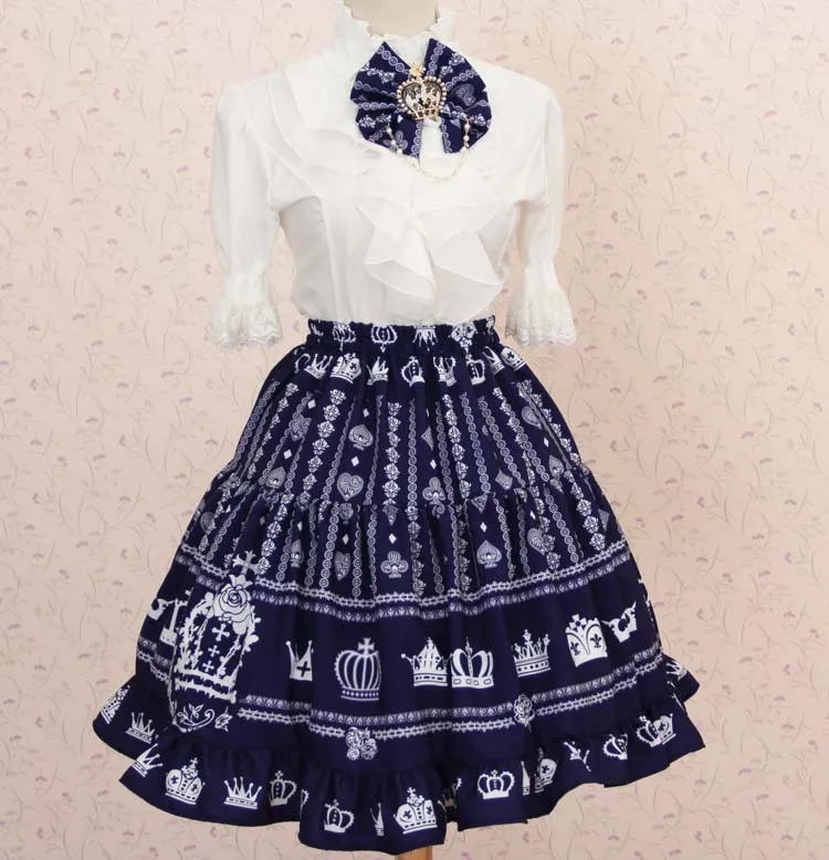 Lolita Sweet Princess Navy Blue Heart and Crown Printed Lady's Lolita Short Skirt for Girl