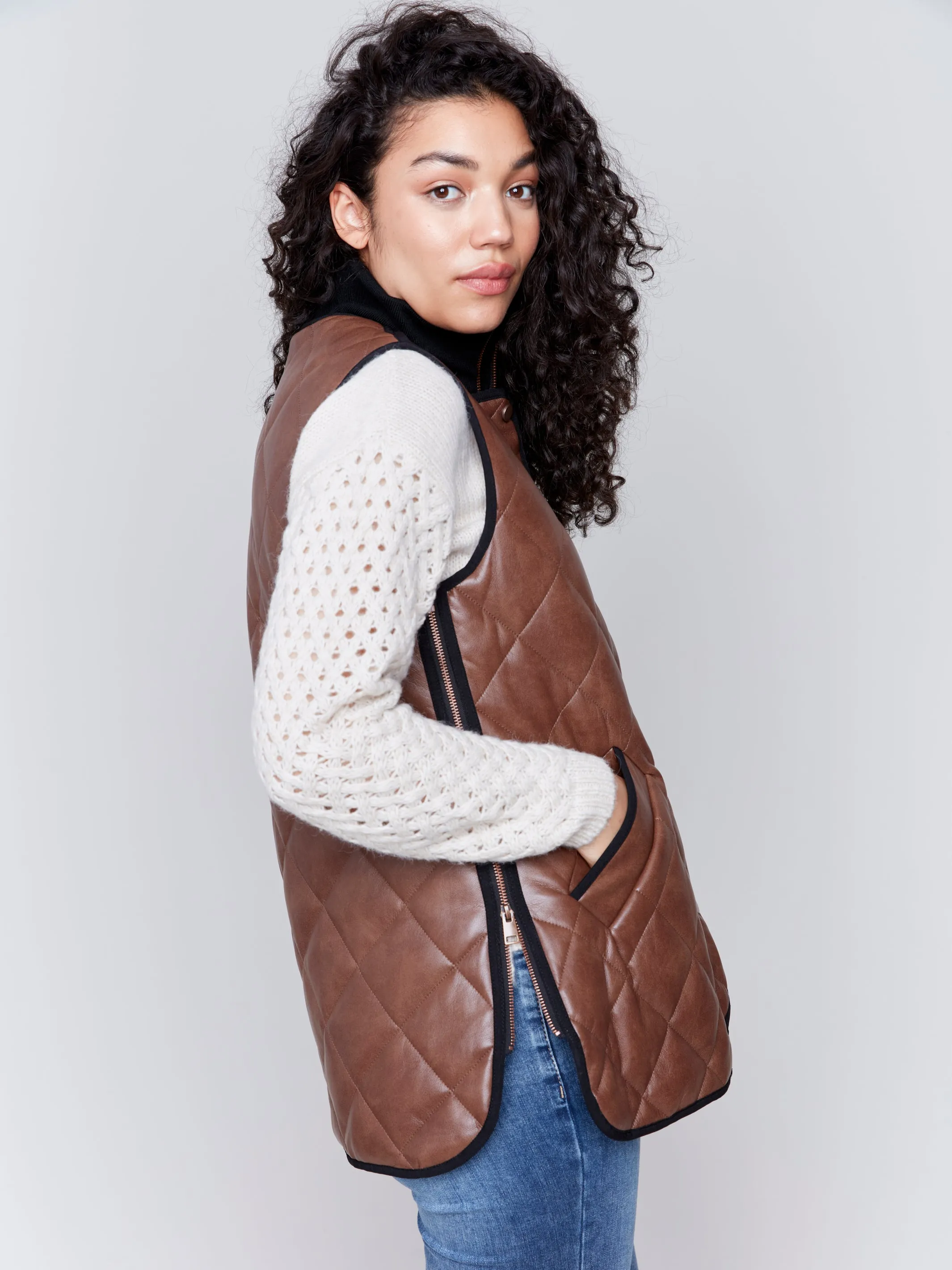 Long Quilted Faux Leather Vest