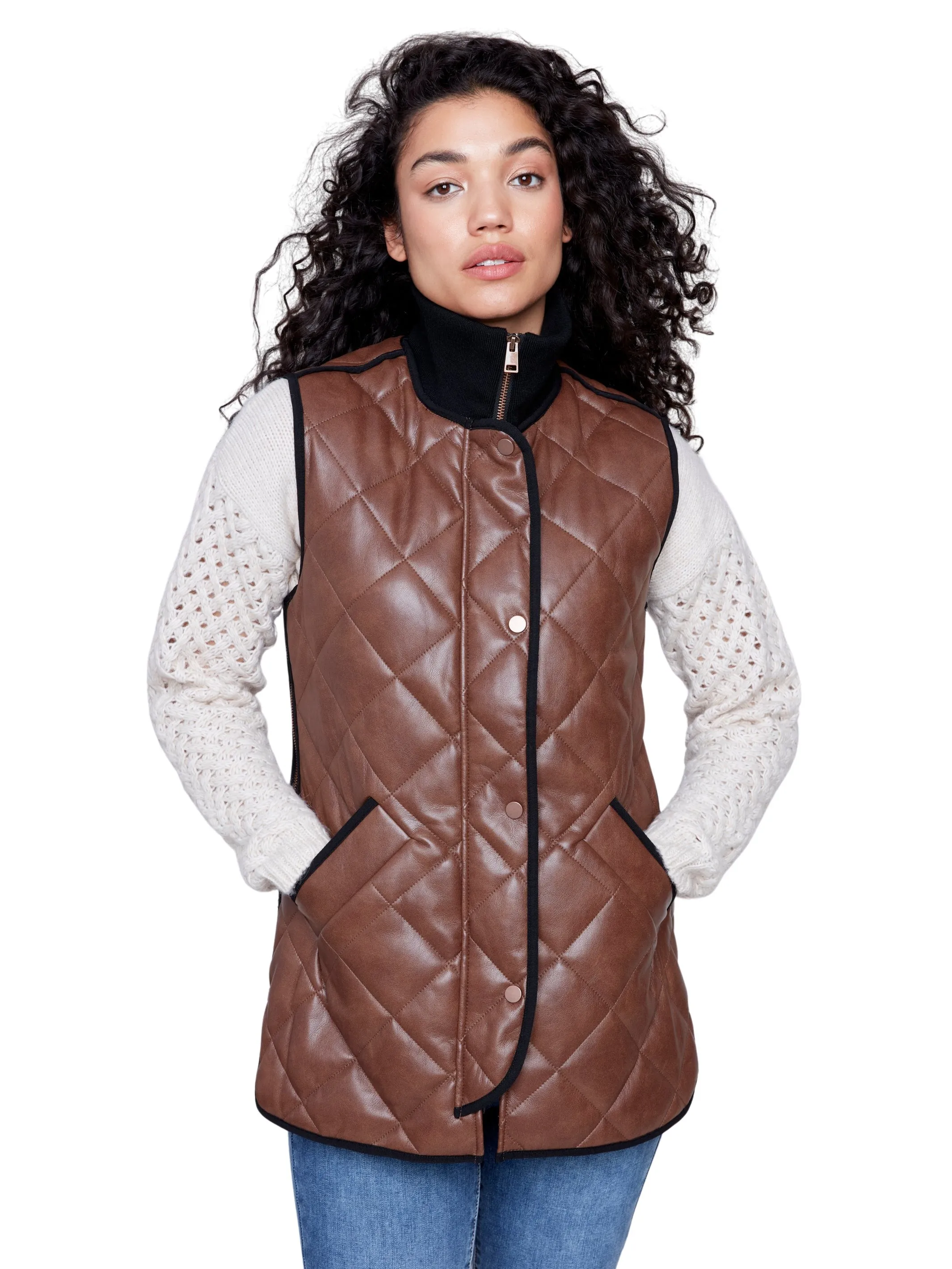 Long Quilted Faux Leather Vest