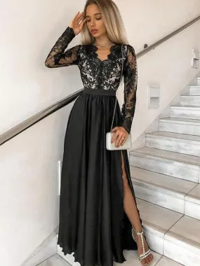 Long Sleeves V Neck Black Lace Long Prom with High Slit, Long Sleeve Black Lace Formal Graduation Evening