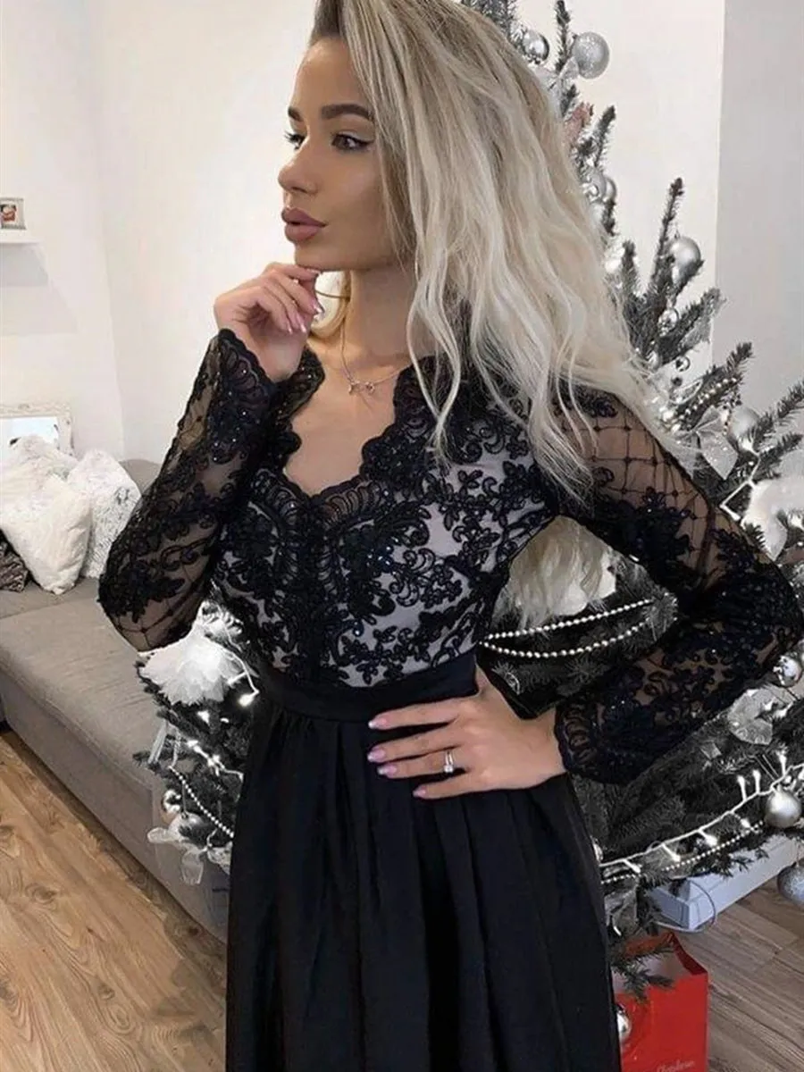 Long Sleeves V Neck Black Lace Long Prom with High Slit, Long Sleeve Black Lace Formal Graduation Evening