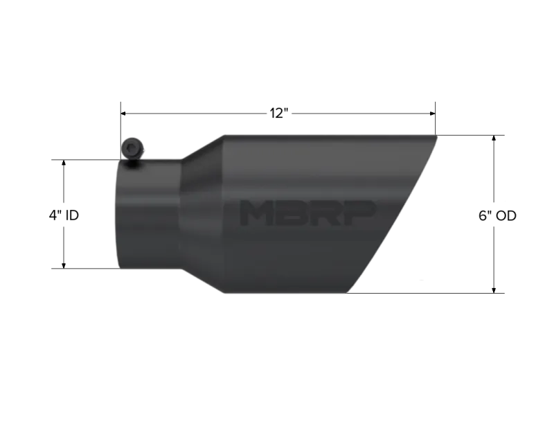 MBRP Clamp-On Black Series Diesel Exhaust Tips - 4 in Inlet - 6 in Round Outlet - 12 in Long - Double Wall - Beveled Edge - Angled Cut