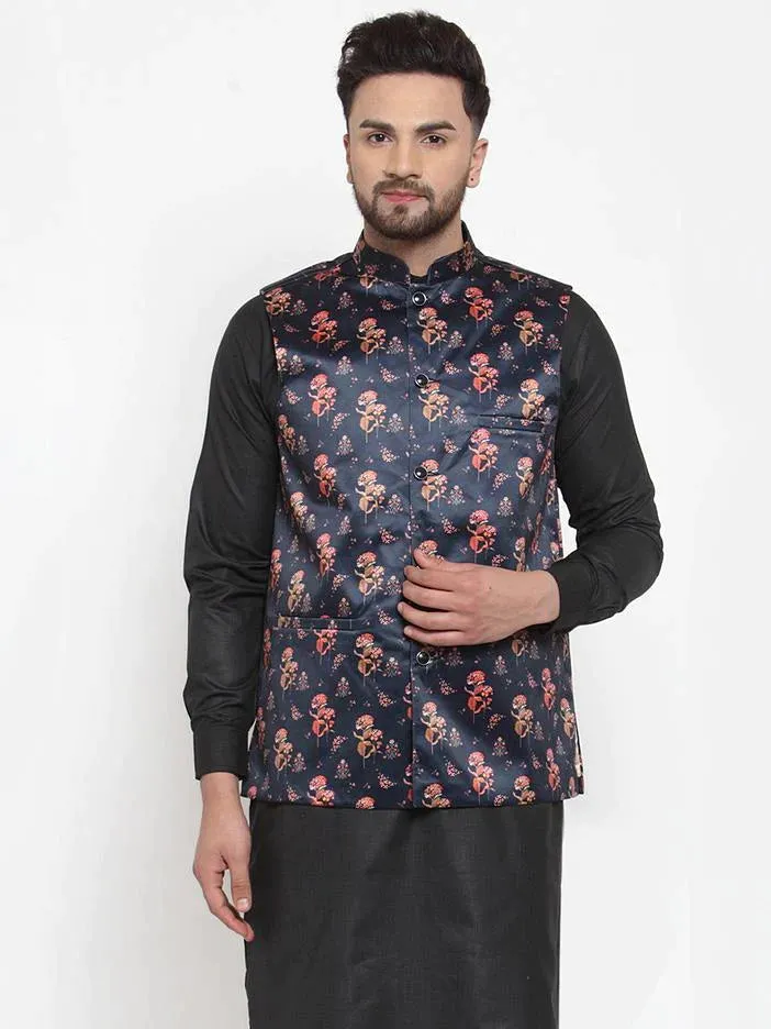 Men Navy-Blue Printed Satin Nehru Jacket