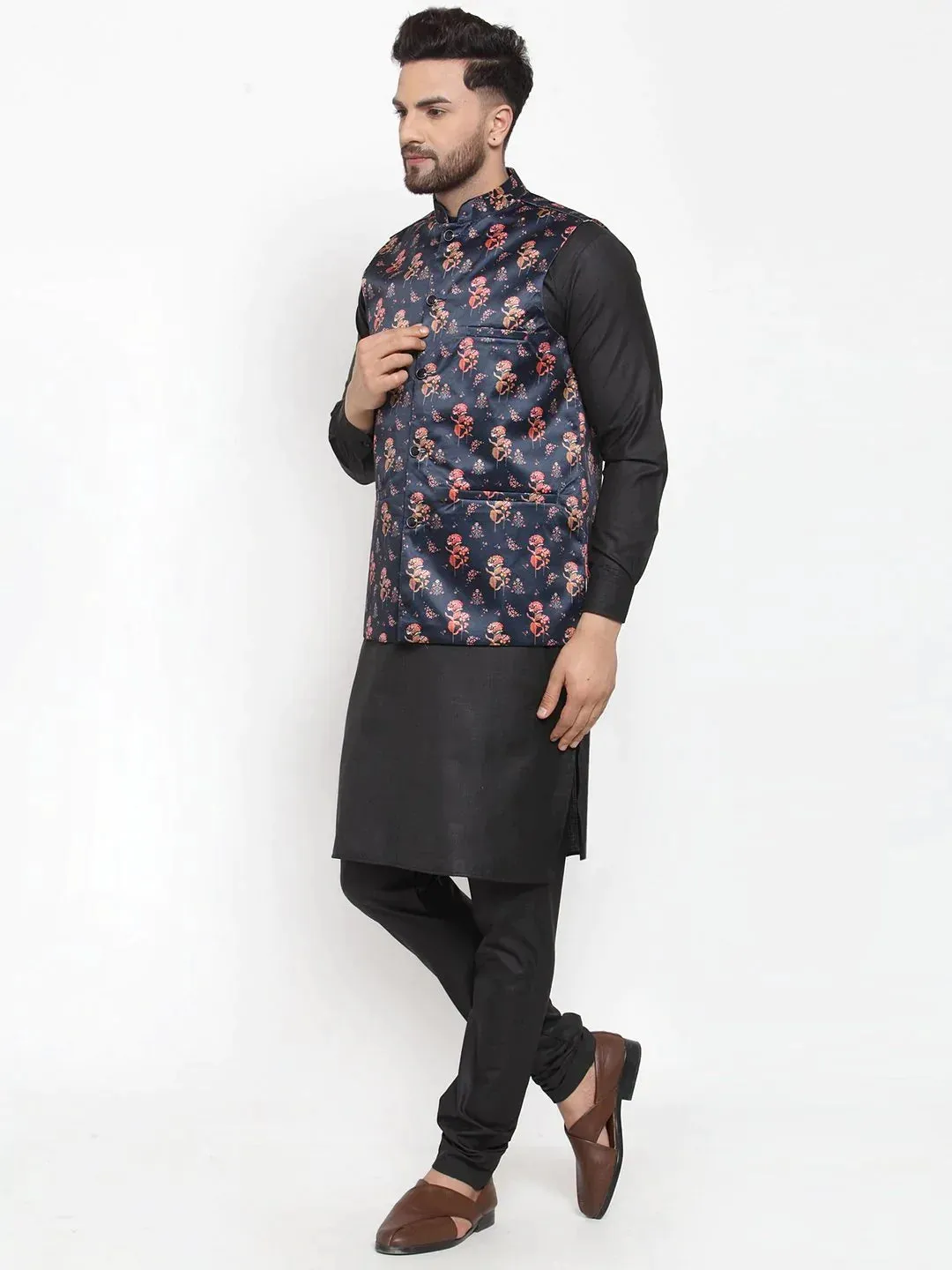 Men Navy-Blue Printed Satin Nehru Jacket