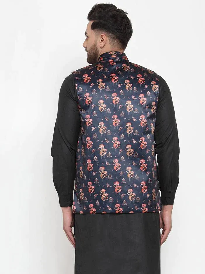 Men Navy-Blue Printed Satin Nehru Jacket