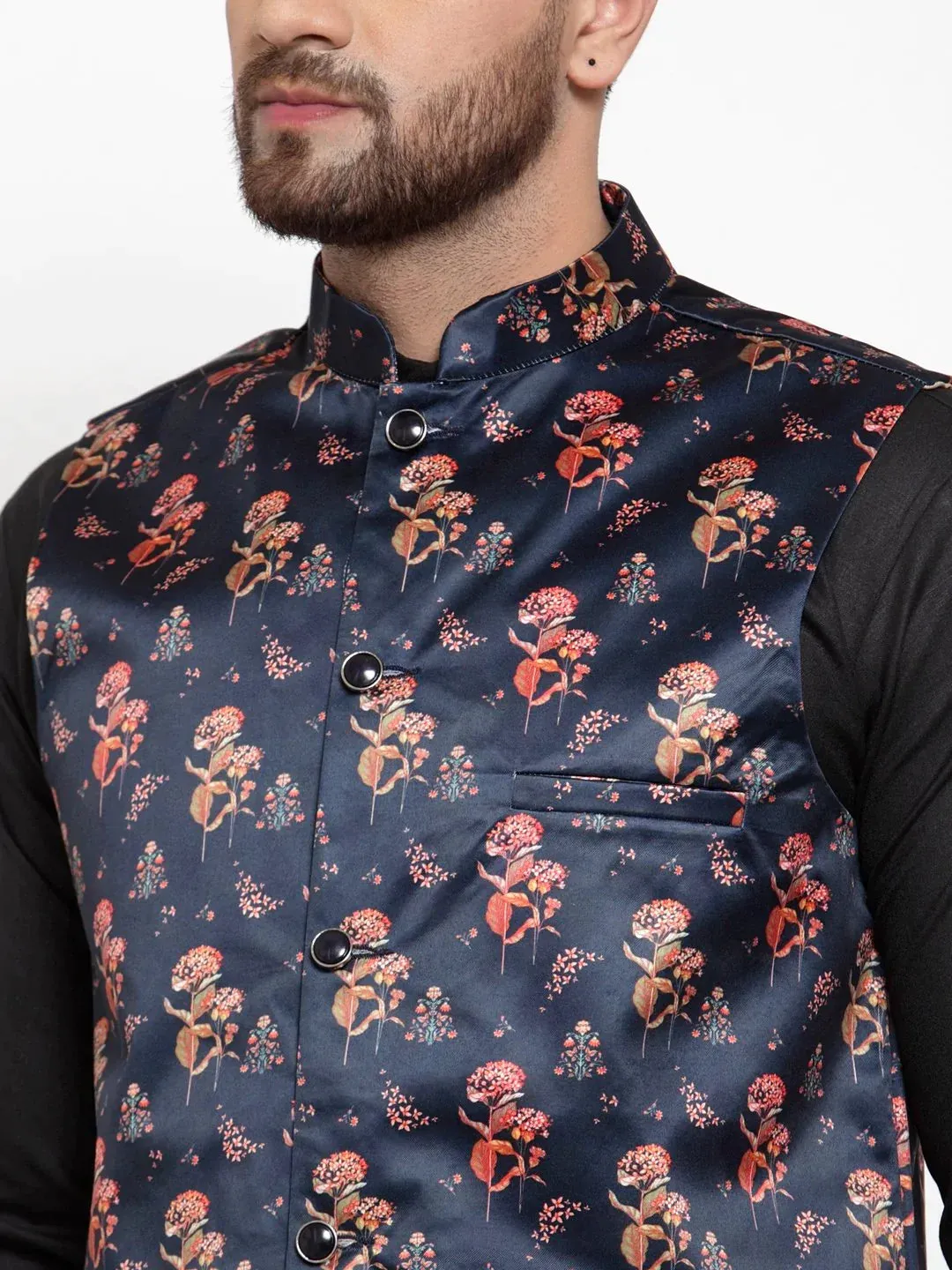 Men Navy-Blue Printed Satin Nehru Jacket