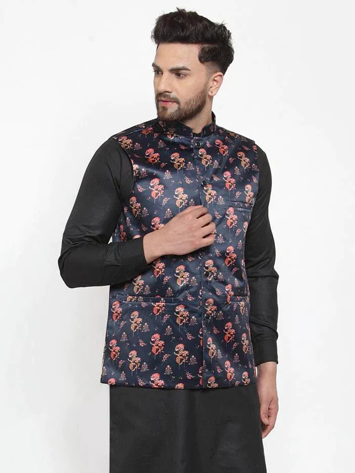 Men Navy-Blue Printed Satin Nehru Jacket