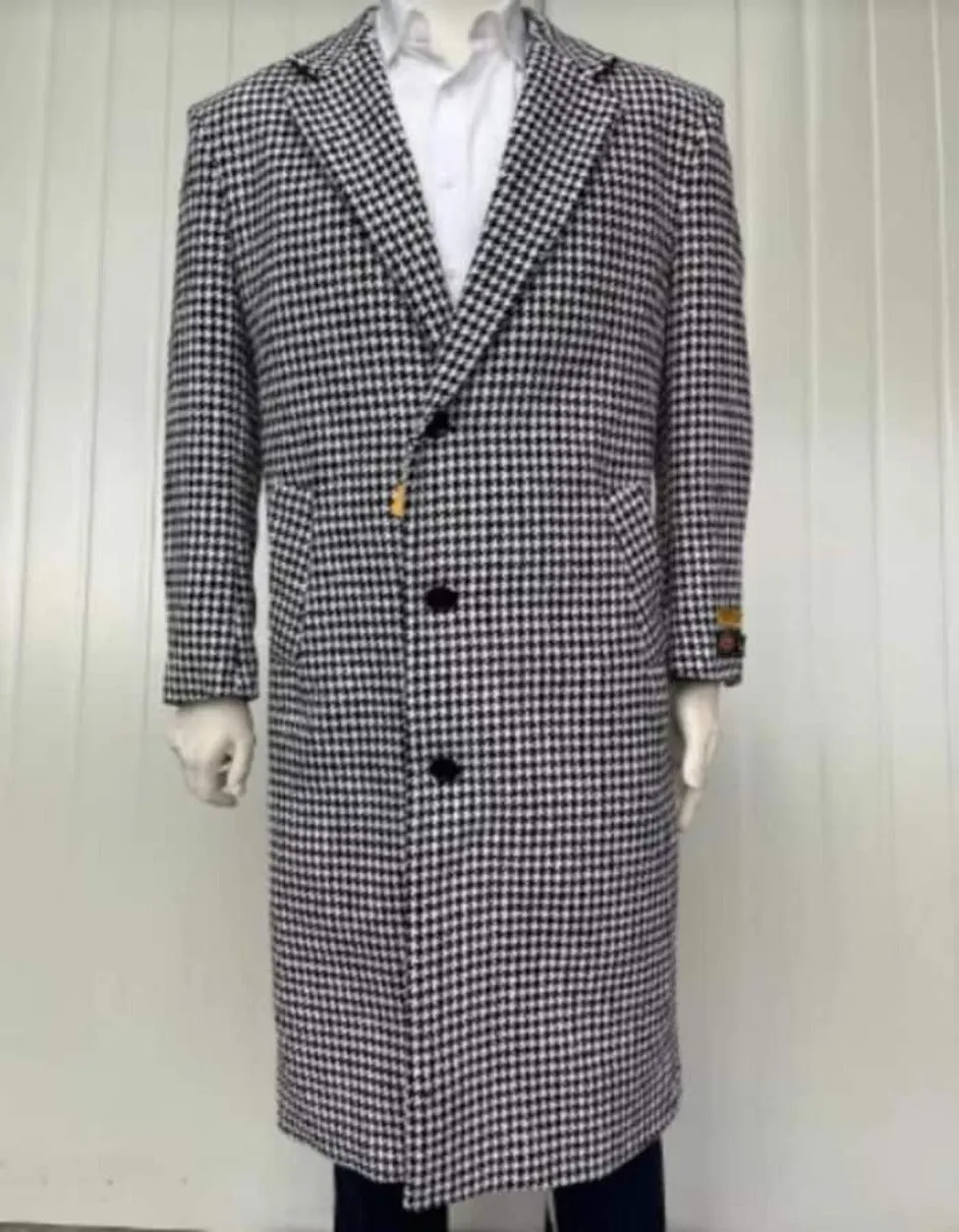 Mens Full Length Wool and Cashmere Overcoat - Winter Topcoats - Black and White Coat