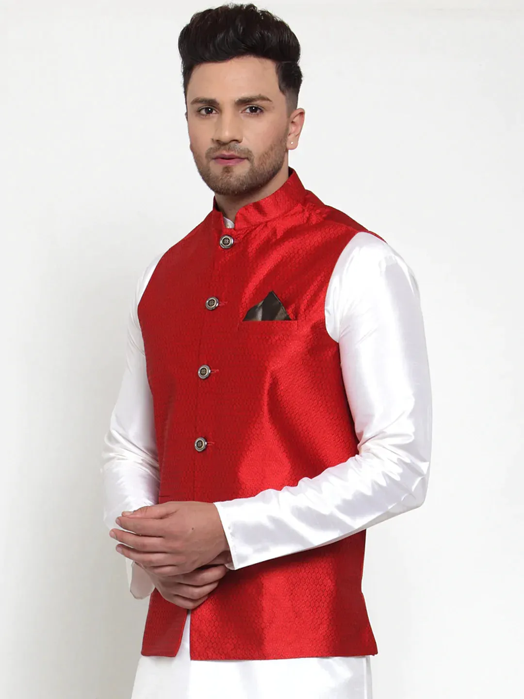 Men'S Maroon Woven Jacquard Nehru Jacket