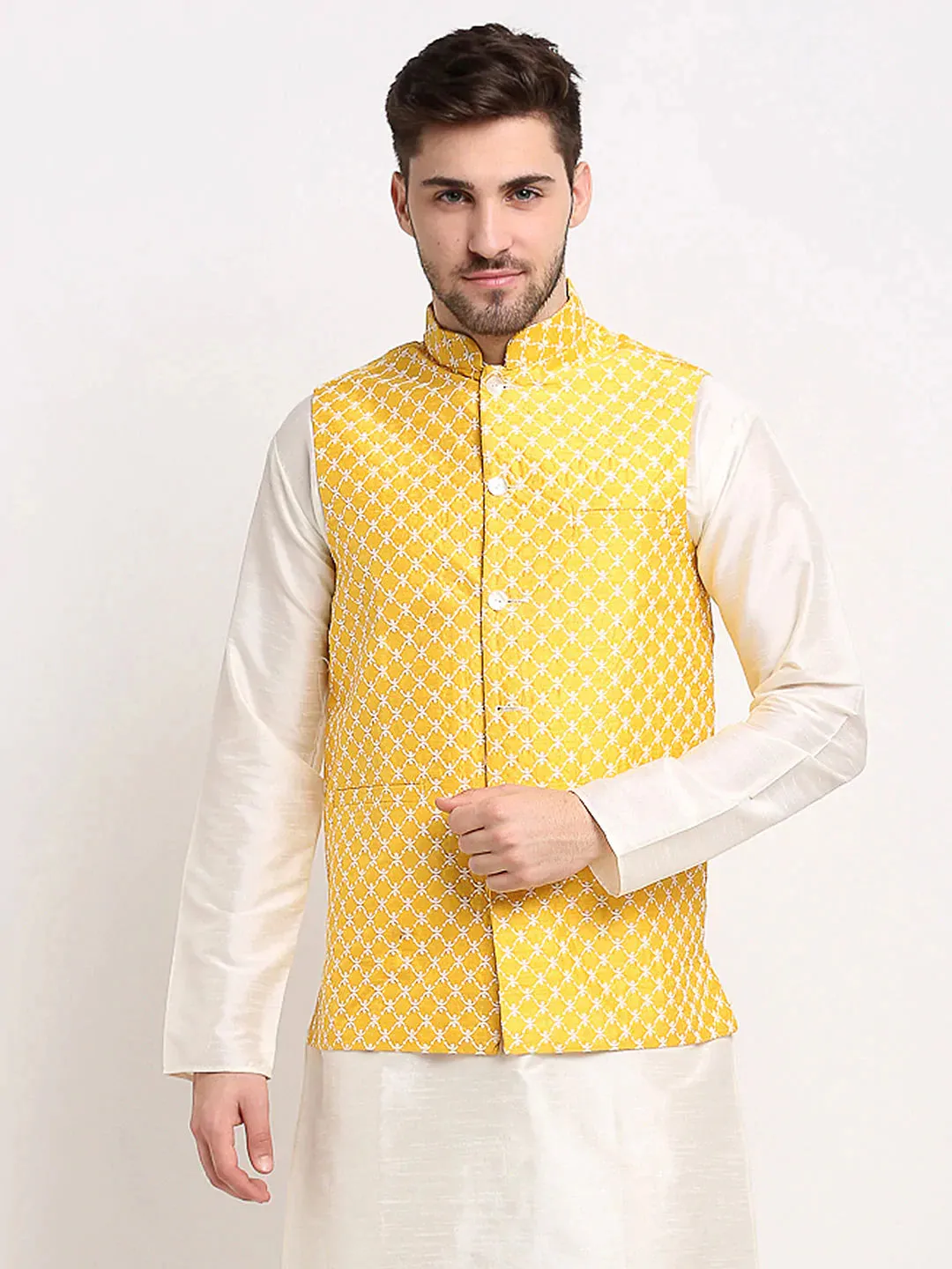 Men'S Mustard Mustard And White Embroidered Nehru Jacket