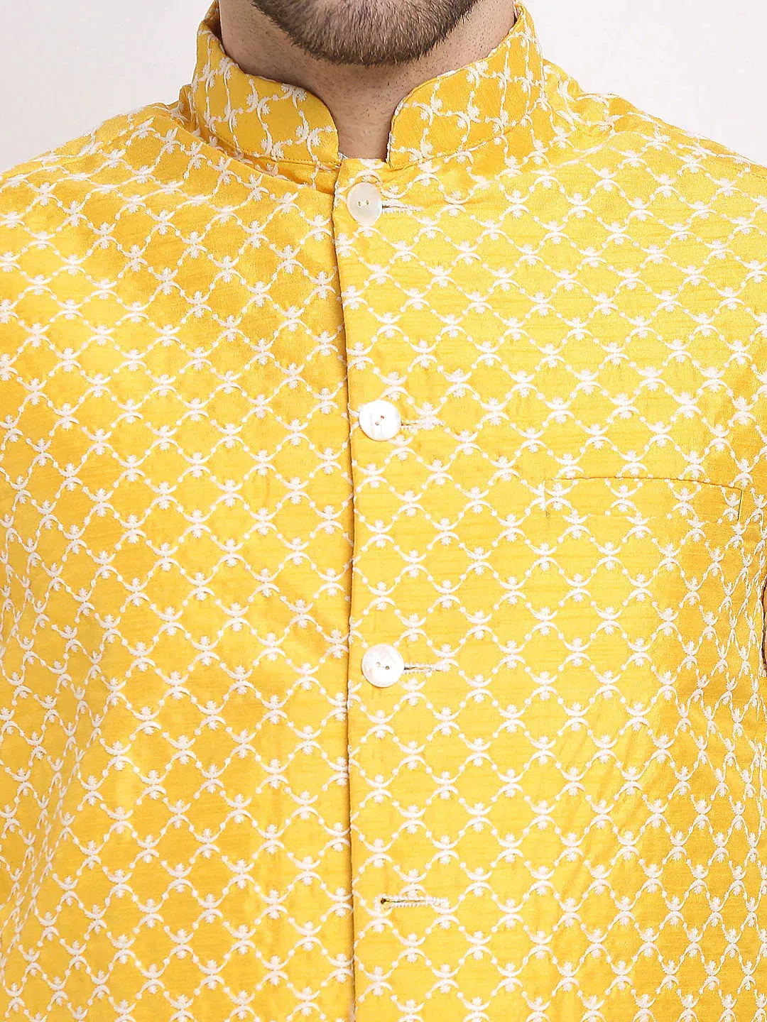 Men'S Mustard Mustard And White Embroidered Nehru Jacket