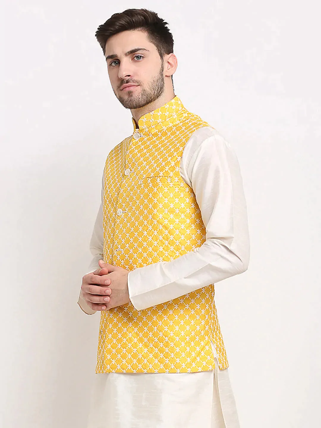 Men'S Mustard Mustard And White Embroidered Nehru Jacket