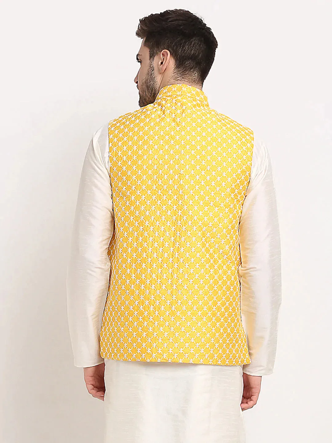 Men'S Mustard Mustard And White Embroidered Nehru Jacket