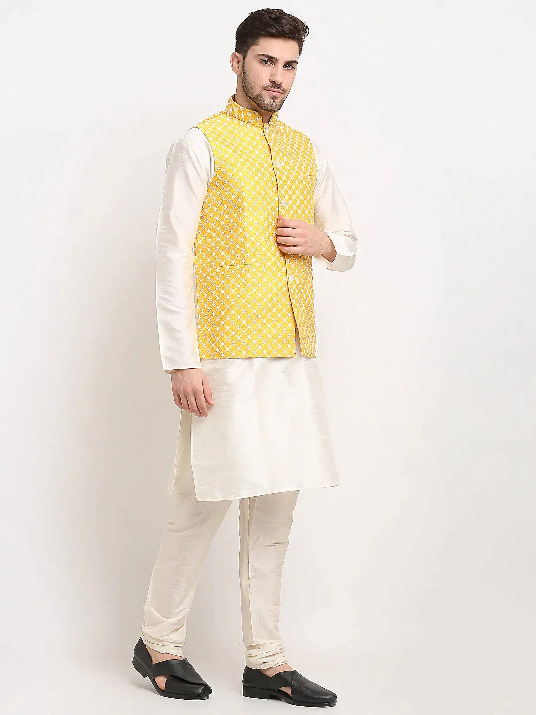 Men'S Mustard Mustard And White Embroidered Nehru Jacket