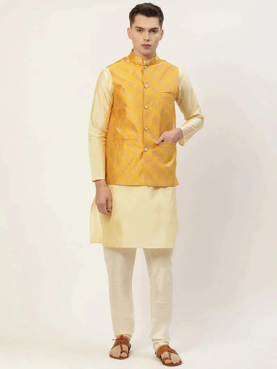 Men'S Mustard Printed Nehru Jacket