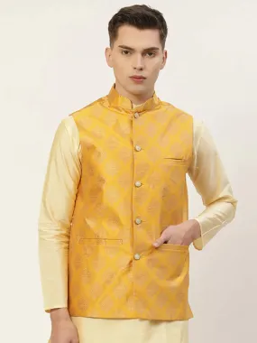 Men'S Mustard Printed Nehru Jacket