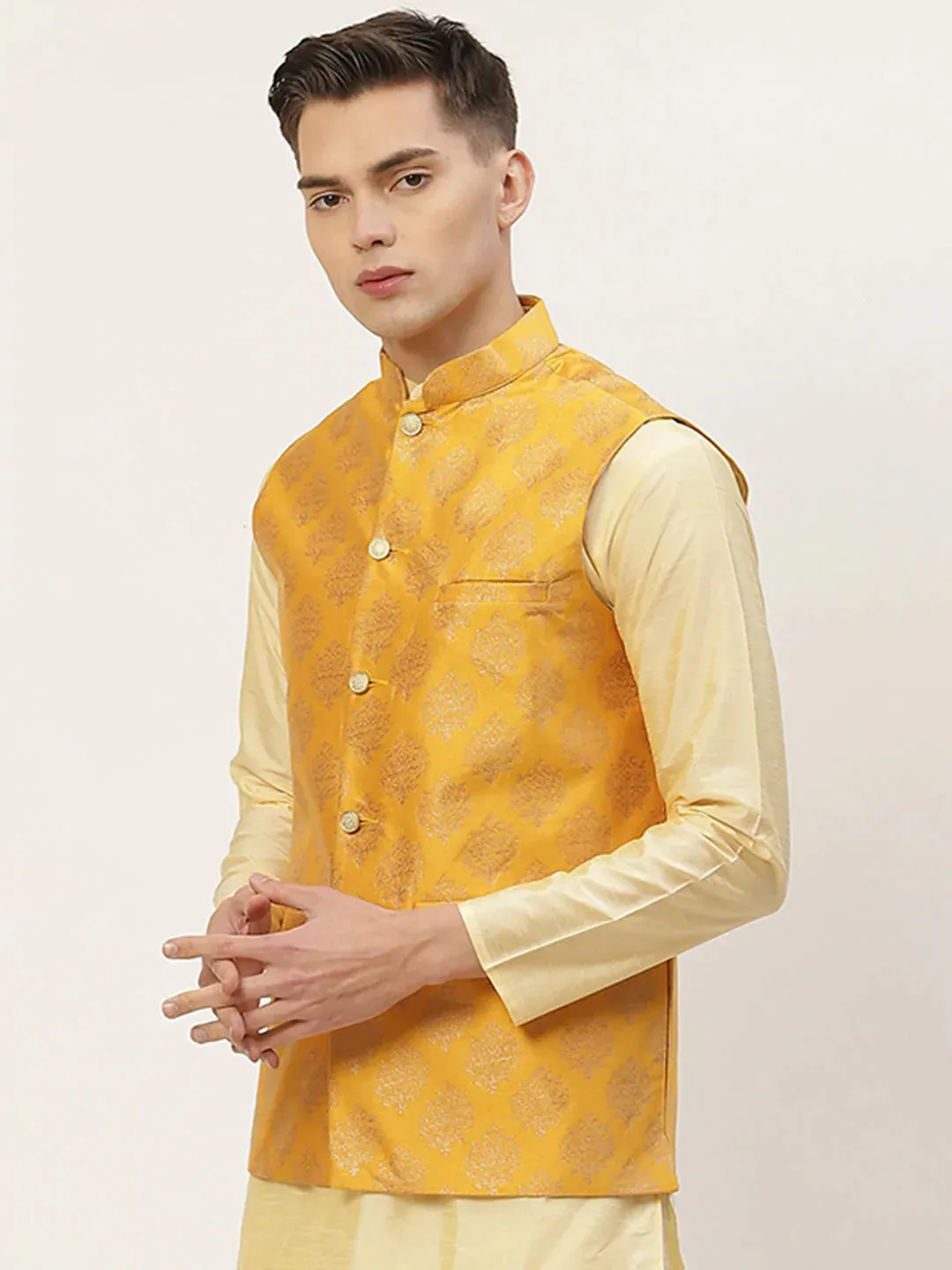 Men'S Mustard Printed Nehru Jacket