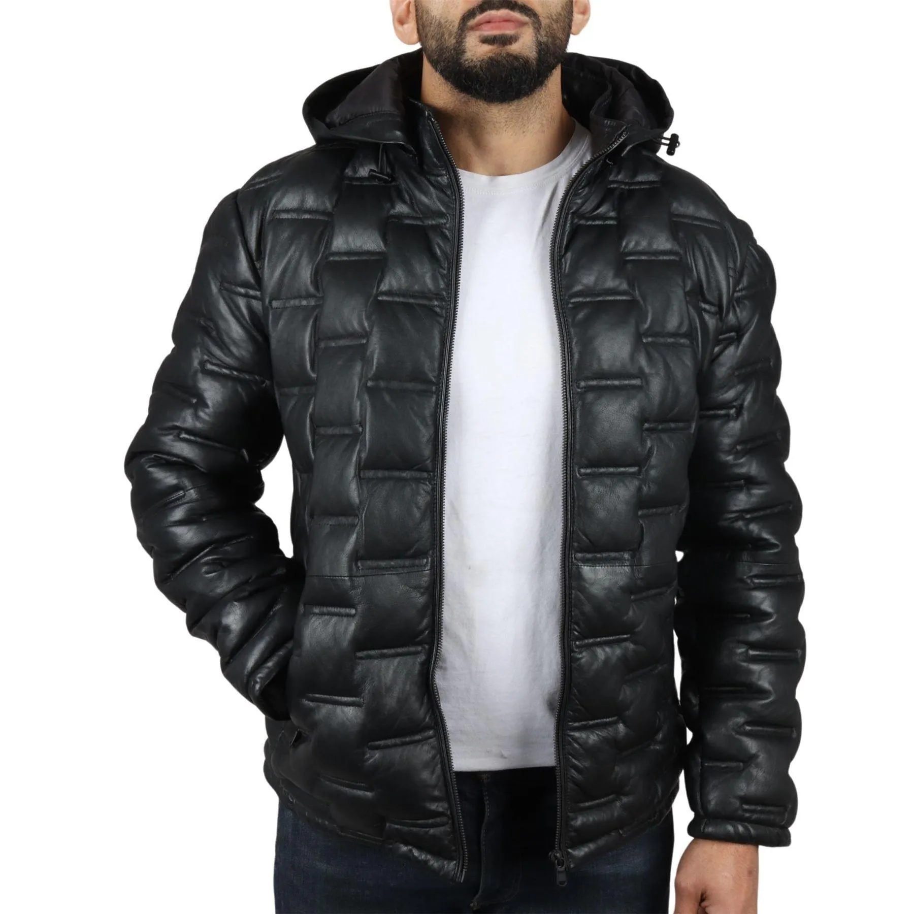 Men's Puffer Quilted Real Leather Jacket Hooded Casual