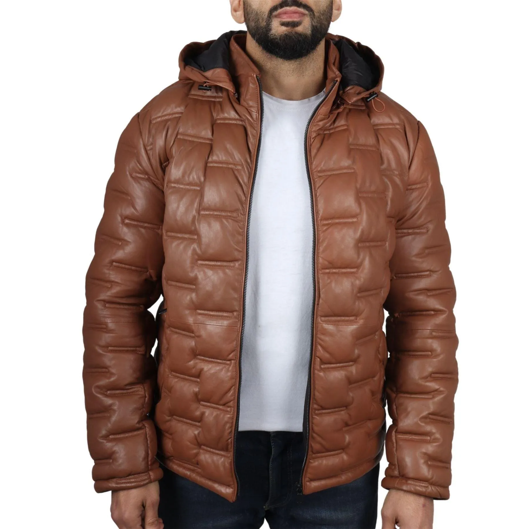 Men's Puffer Quilted Real Leather Jacket Hooded Casual