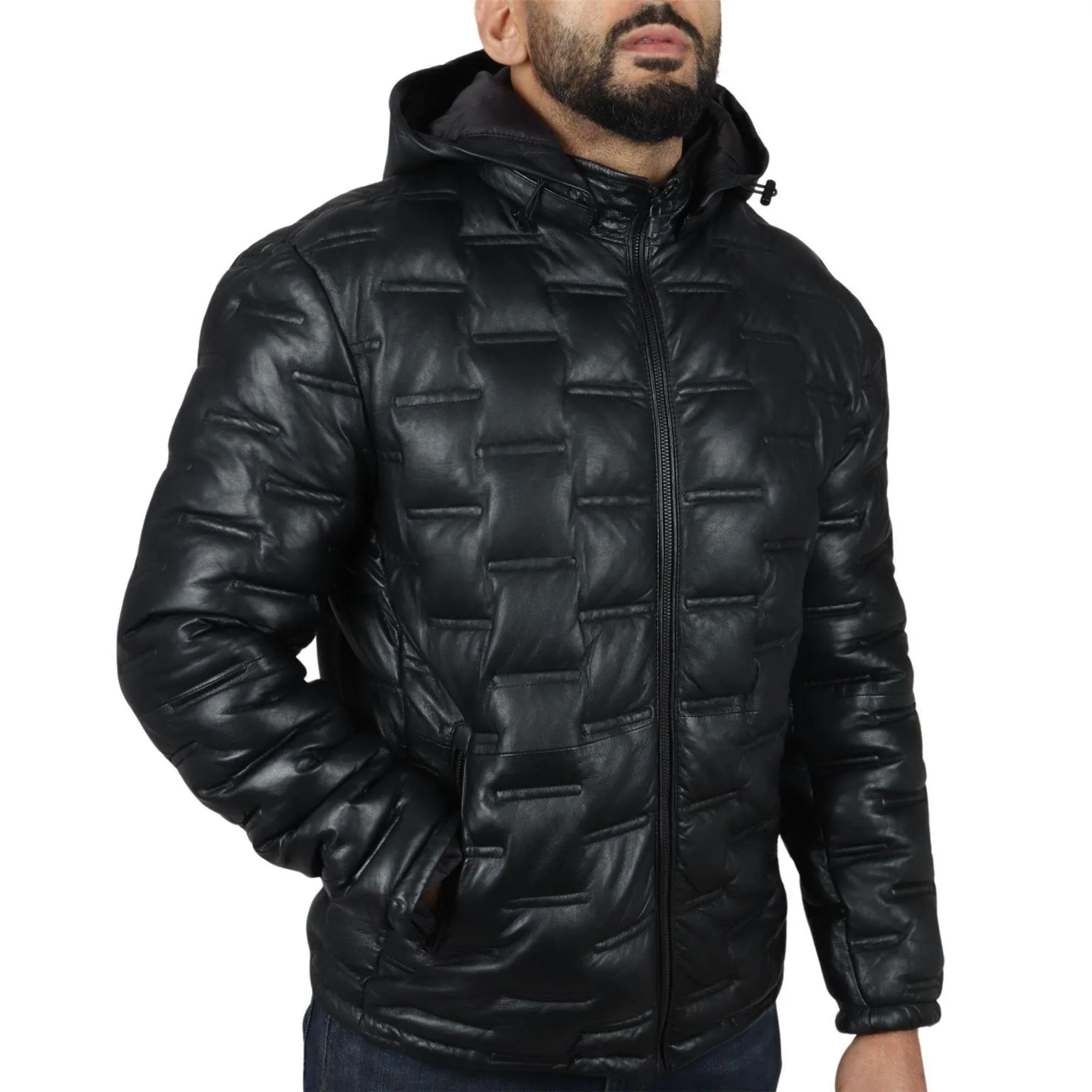 Men's Puffer Quilted Real Leather Jacket Hooded Casual