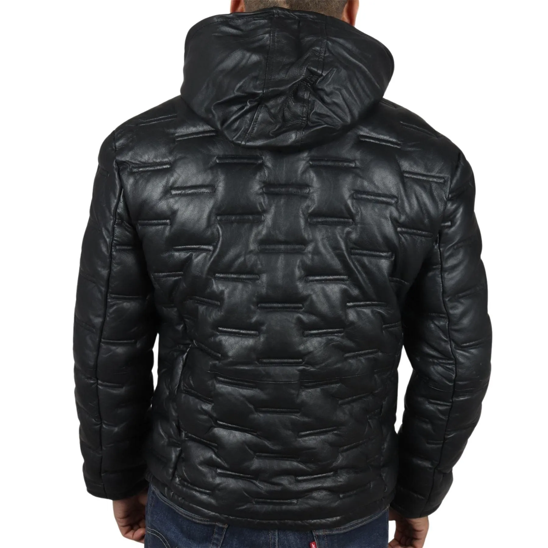 Men's Puffer Quilted Real Leather Jacket Hooded Casual