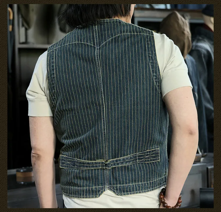 Men's Striped V-neck Denim Vest