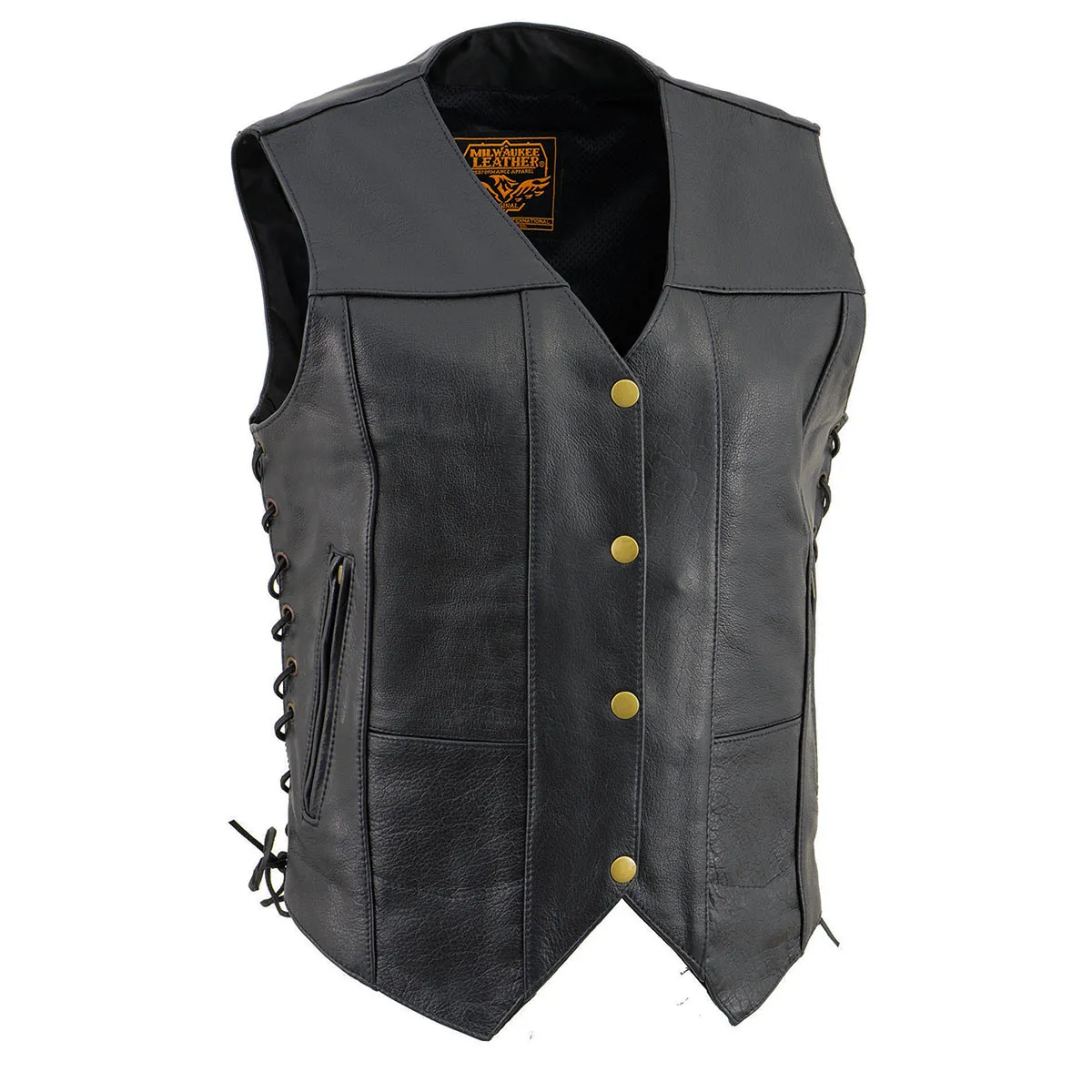 Milwaukee Leather SH1292 Women's Black Leather Side Lace 6 Pocket Motorcycle Rider Vest- Antique Color Snap Closure