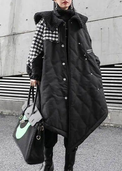 New Loose fitting winter jacket overcoat black patchwork plaid Sailor Collar coat