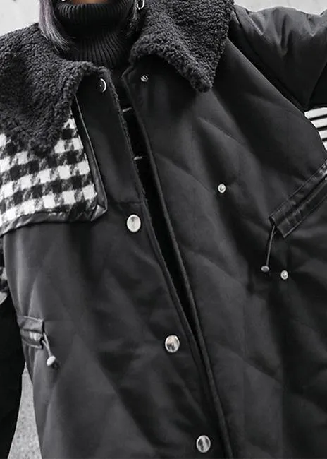 New Loose fitting winter jacket overcoat black patchwork plaid Sailor Collar coat